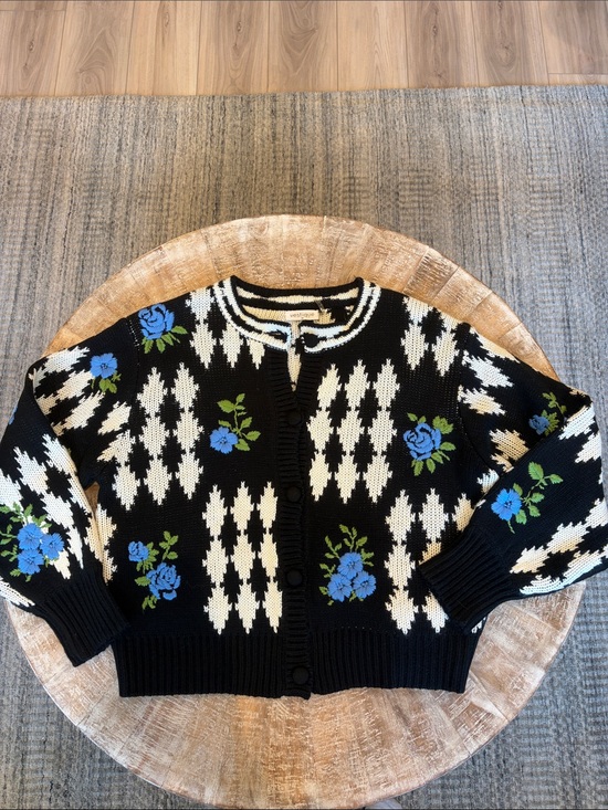 vestique Sweaters - vestique Black Cardigan Sweater with Blue Floral Accents
